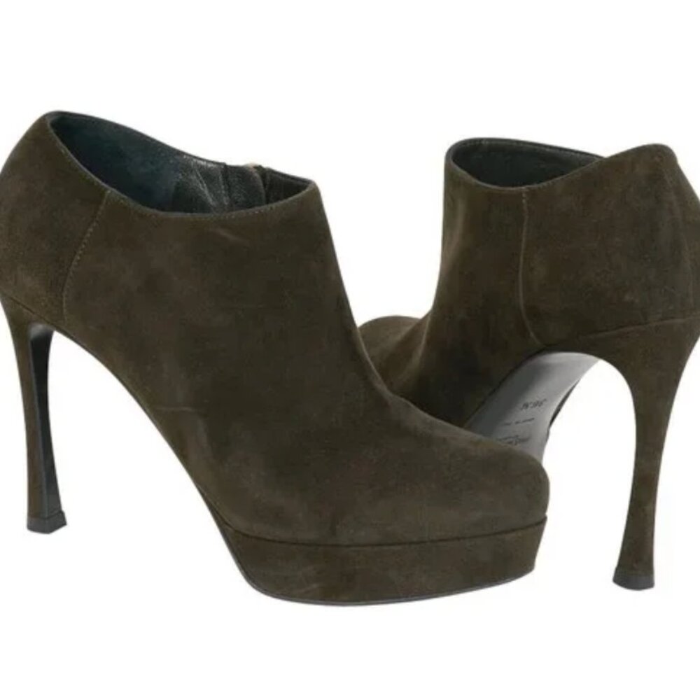 Yves Saint Laurent Dark Forest Green Suede Platform Ankle Booties with Gold Zip